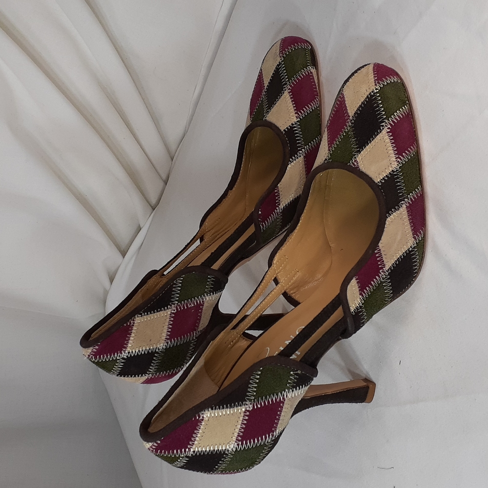 Valentino vintage Y2K patchwork suede heels burgundy green cream Brown - Picture 6 of 10